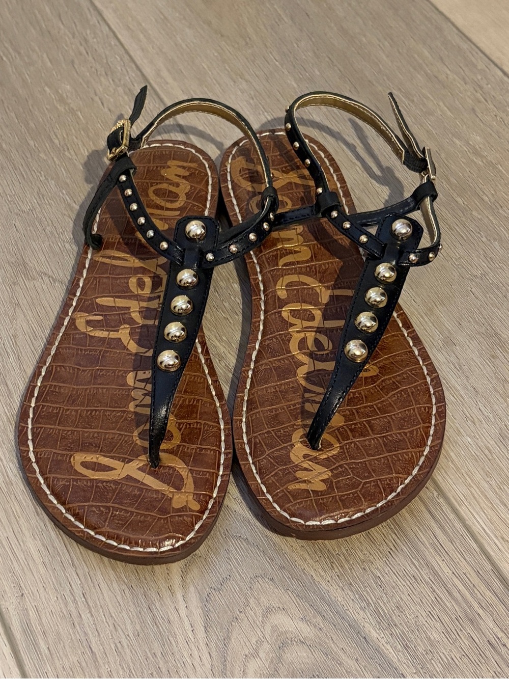 Sam Edelman Black T-Strap Gigi Sandals with Gold Studs Size 7